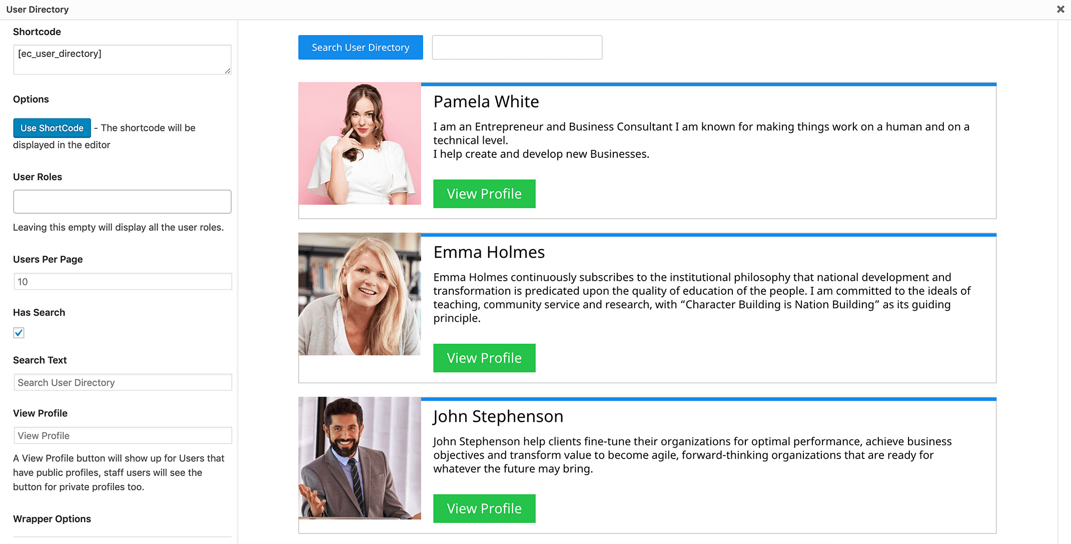 user directory shortcode